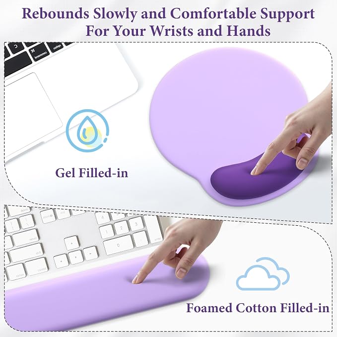 3 in 1 Ergonomic Mouse Pad and Keyboard Wrist Rest with Coaster Set-Purple | Cute Large Mousepad with Gel Wrist Support for Gaming Computer Laptop Women Office Home Desk Decor