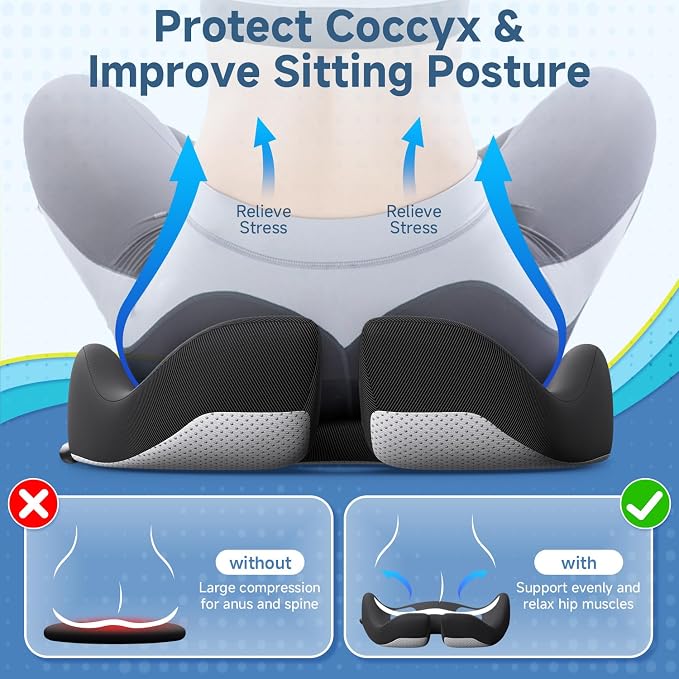 Benazcap Large Cooling Gel Memory Foam Seat Cushion for Long Sitting | Ergonomic cushion. Relieves sciatica, tailbone & lower back pain, great for office work, gaming and long-distance car travel.
