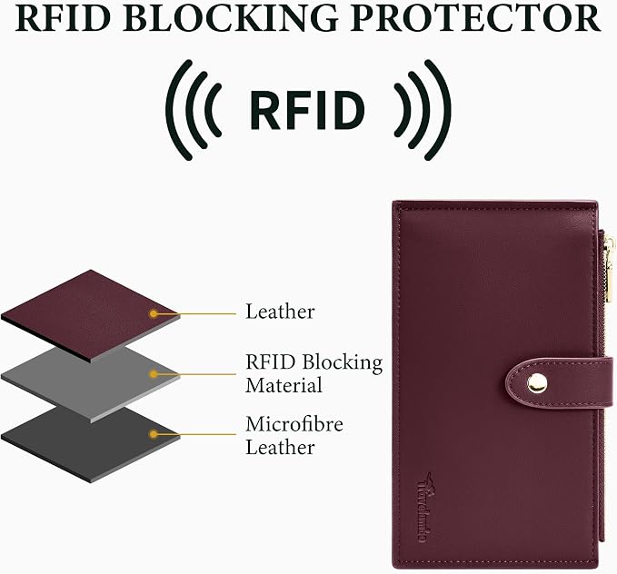 Travelambo Womens Leather Bifold Wallet, Slim RFID Blocking Card Holder | Large Capacity, 16 Card Slots & ID Window, 2 Zipper Pockets, Dual Snap Closure, Slim Lightweight, RFID Privacy Protection