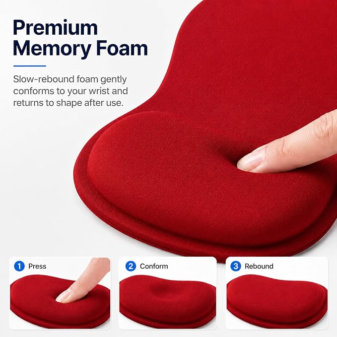 Mouse Pad with Wrist Rest Ergonomic Memory Foam Support, Non-Slip Rubber Base, Comfortable Typing Cushion for Home Office Computer Laptop, Red