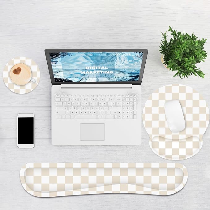 Ergonomic Mouse Pad with Wrist Rest and Keyboard Wrist Rest, Mousepad | Memory Foam Wrist Rest for Computer Keyboard, Pain Relief, Non-Slip Base, Mouse Pad Wrist Support for Gaming, Beige Checkered
