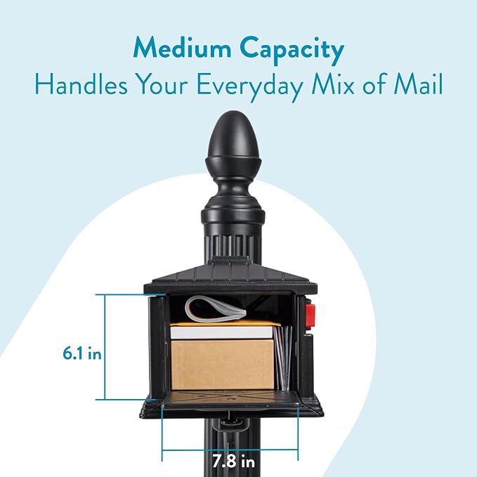 Architectural Mailboxes Stratford Plastic Mailbox and Post Kit, SC000BAM, Black, Medium Capacity | Includes the matching post and all hardware. Durable plastic build with weather-resistant outdoor construction. USPS approved
