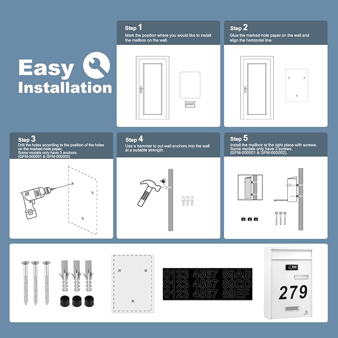 KINGCEPHAS Wall-Mounted Mailbox with Combination Lock,Small Capacity Mail Box for House, Waterproof Postbox,Mailboxes for Outside, 8.5” x 3” x 12.4” (White)