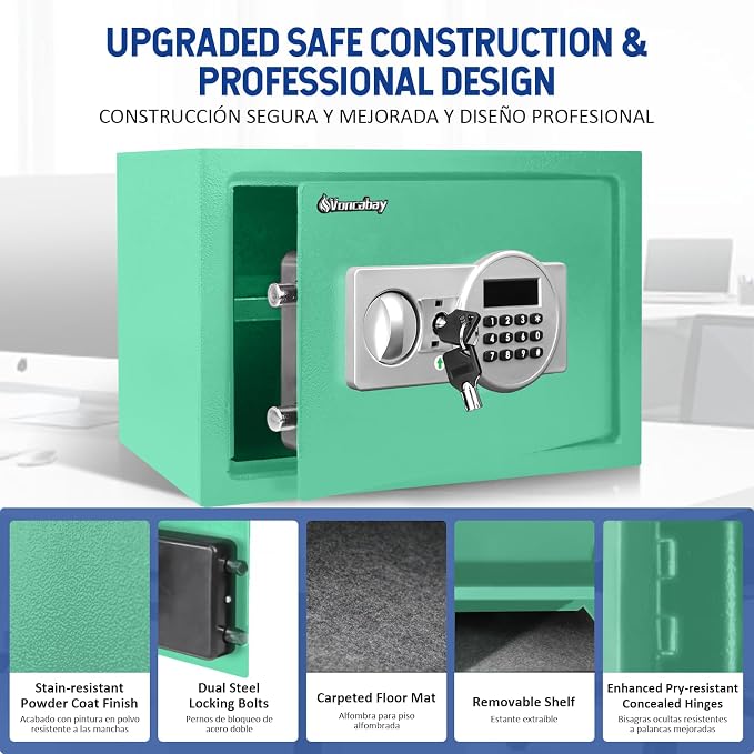 Voncabay Money Safe Box for Home with Digital Keypad, 0.8 Cu. Ft., Green | Alloy Steel, 2 Fireproof Bags, Digital Keypad with Display, Removable Shelf, Fits A4, 13.8 x 9.85 x 9.85 In.