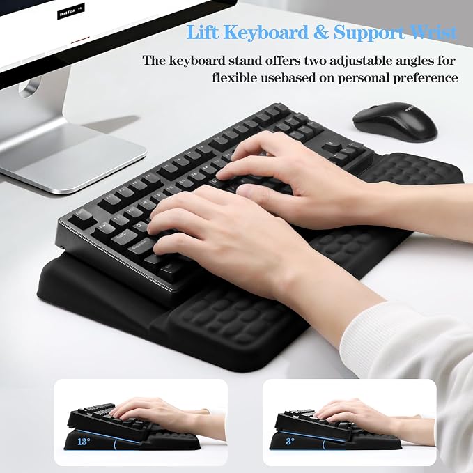 Ergonomic Keyboard Stand with Wrist Rest, Computer Wrist Support Pad | Comfy Tilted Keyboard Riser Holder Wrist Pad for Pain Relief, Soft Memory Foam Desk Cushion for Office Home