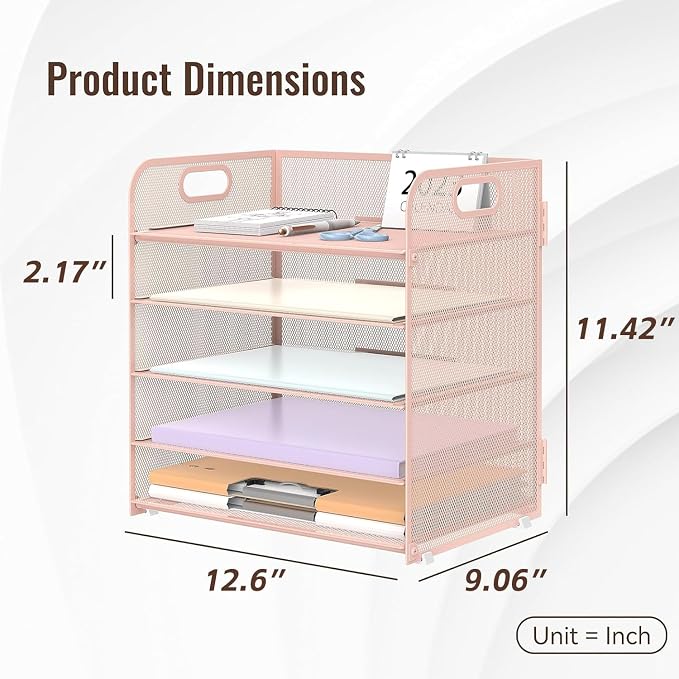 5 Trays Paper Organizer Letter Tray with Handle-Mesh Desk File Holders, Paper Sorter Desk Organizer for Office, Home, Classroom or School, Pink