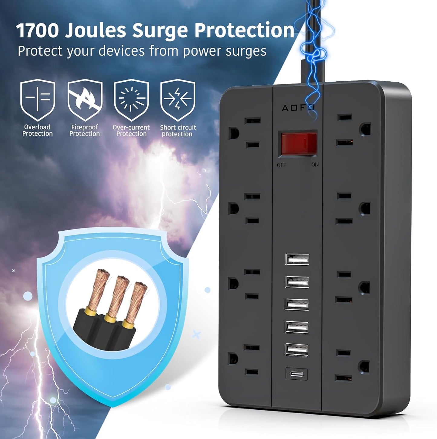 10ft Extension Cord Long Power Strip,AOFO 8 Widely-Spaced Outlets & 6 USB（1 USB C） Ports Flat Plug Power Strip,Power Cord for Wall Mountable and Desktop Black