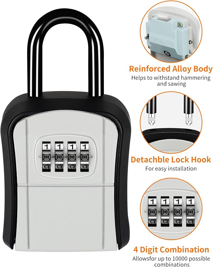 Portable Key Lock Box,Key Holder Safe Security Lock Box for Indoor, Outdoor, Garage, Garden, Store (4 Pack, Grey)