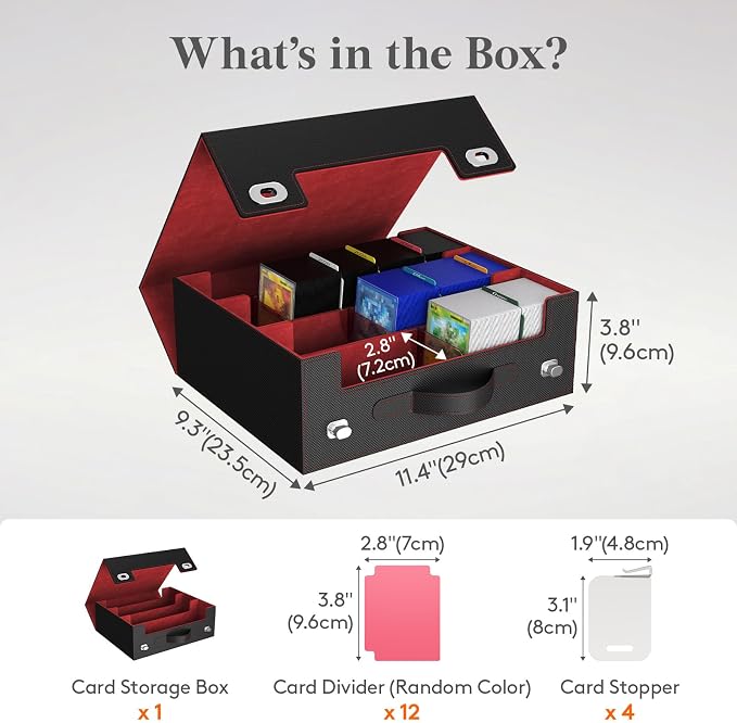 Lifewit Trading Card Storage Box with Handle, Holds Up to 1800 Sleeved Cards with 12 Adujstable Dividers & 4 Stoppers, Aluminum Closure PU Leather Case for MTG, PTCG, YGO, Sports Cards, Black& Red