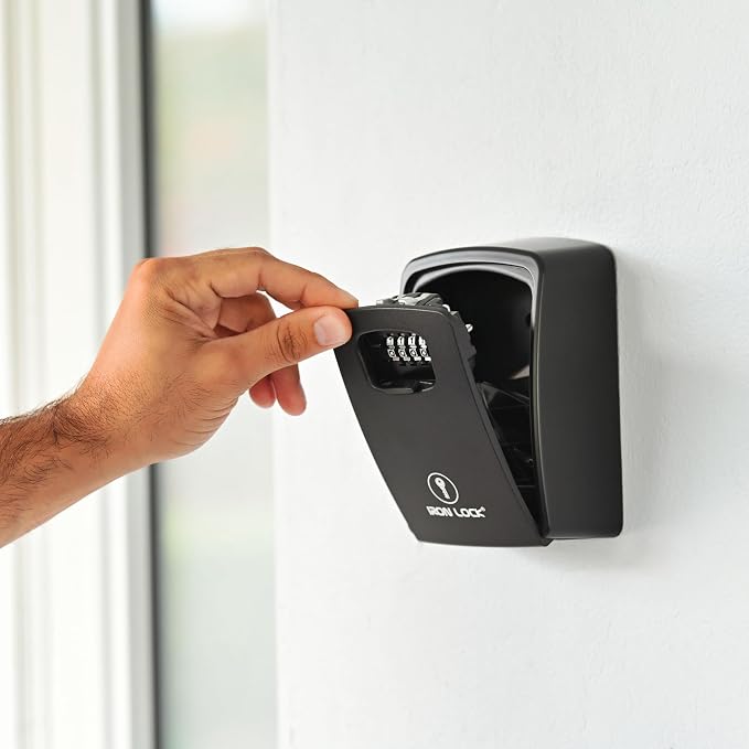 Iron Lock® XXL Wall Mount Key Lock Box, Outdoor Combination Code (Black) | Fits 20-30 spares plus fobs & cards; unique built-in tray so keys don't fall out; dial cover; screws & anchors included