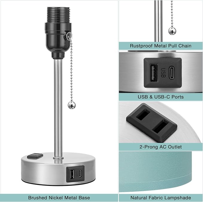 Small Bedside Table Lamp for Bedroom - Desk Lamp with USB Ports for Dorm | USB A+C Ports, AC Outlet, 3 Color Temperatures, LED Bulb Included, Teal Fabric Shade, Sleek Silver Base, 14" Night Stand Lamp