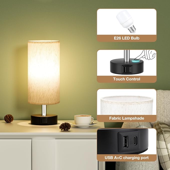 Small Table Lamp for Bedroom - Touch Control Lamp with 3 Way Dimmable | LED Bulb Included | USB C and A Ports | Cream Shade and Black Base | Bedside Lamp for Nightstand