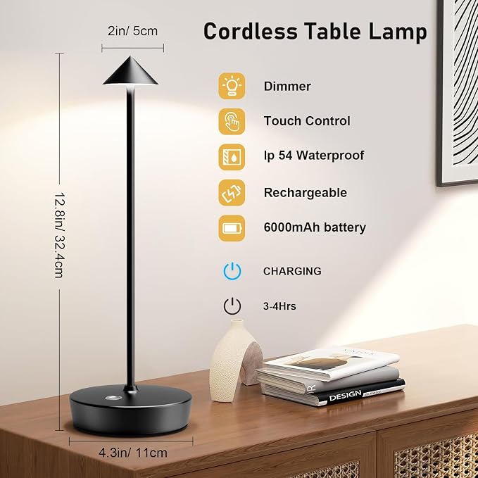 Set of 2 Cordless Rechargeable Led Table Lamp Battery Operated Light Black | 6000mAh Desk Lamp Touch 3 Color Dimming Portable Outdoor Waterproof Table Light for Patio/Restaurant/Dining/Home