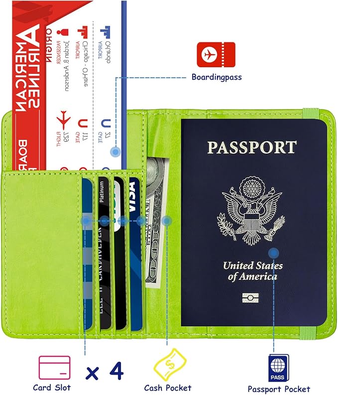 TOURSUIT RFID Blocking Passport Holder, Leather Travel Wallet, Green | Travel Document Holder Cover Accessories, 3D Metal Badge, For Women Men