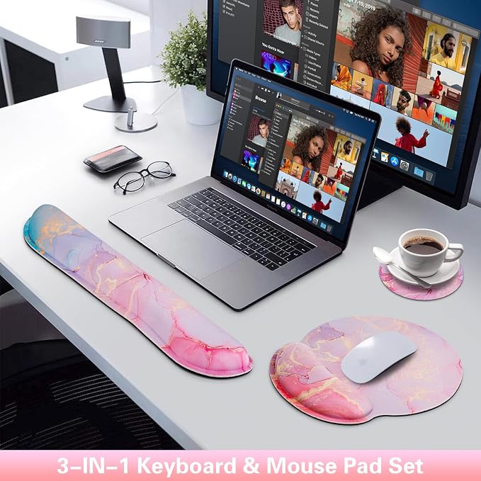 Mouse Pad with Wrist Rest Pink, 3-in-1 Wrist Support Mousepad Set, | Gaming with Anti-Skid Base,Ergonomic Mouse Pad,Memory Foam Keyboard Gel Wrist Rest