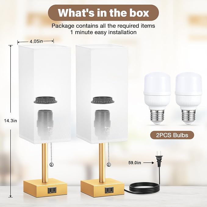 Bedside Lamp for Bedroom Set of 2 - Gold Table Lamp for Nightstand | AC Outlet, 3 Color Temperatures, LED Bulb Included, Pull Chain Design, 14" Rectangular Desk Lamp for Dorm/Office, 2-Pack
