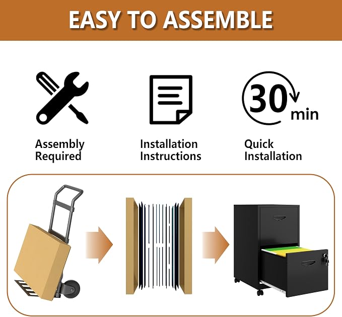 Polup 2 Drawer Rolling File Cabinet with Lock for Home Office | Metal Mobile Filing Cabinet on Wheels, Small Under Desk Storage, Fits Hanging Letter Size, Printer Stand, Black