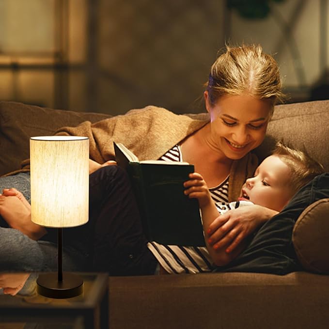 RISLG 2 Pack Small Table Lamps for Bedroom, Bedside Lamps for Nightstand with Wire Switch, Minimalist Modern Desk Lamps with Linen Fabric Shade for Kids Room Living Room Office Dorm, Bulb Included