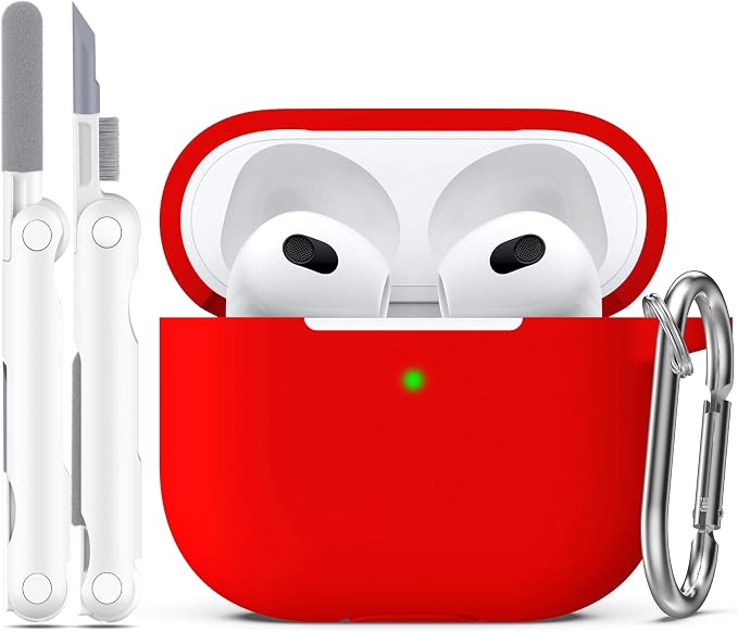R-fun Compatible with AirPods 3 Case Cover, Silicone Protective Accessories Skin with Keychain Compatible with Apple AirPod 3rd Generation 2021 for Women Men Girls Boys,Front LED Visible,Red