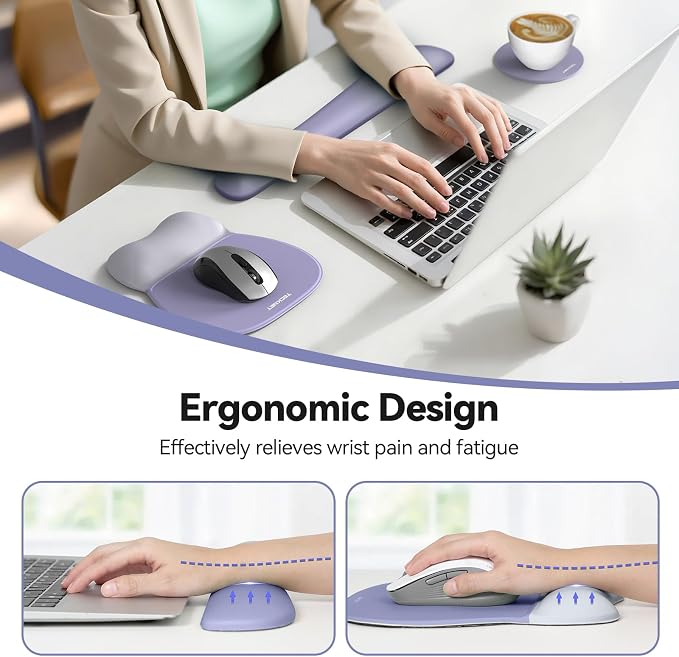 TECKNET Gel Ergonomic Mouse Pad & Keyboard Wrist Rest & Coaster | 3 in 1 Set, Pain Relief, Milk Silk Cloth, Non-Slip PU Base, Easy Typing, Memory Foam Wrist Support for Office & Home