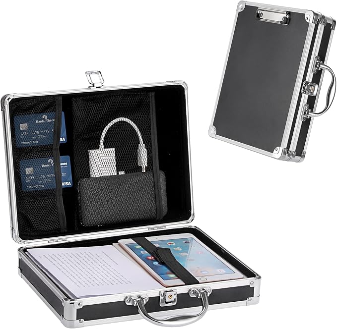 Clipboard Storage Box with Key Lock, Aluminum Case with Metal Clip | 12x9 Inch Small Briefcase, Portable Handle, Heavy Duty Clipboard Case, A4 Paper Organizer, for Office Business Men, Silver