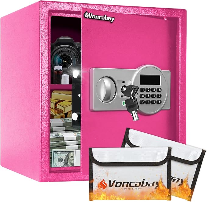 Voncabay Money Safe Box for Home with Digital Keypad, 1.5 Cu. Ft., Pink | Alloy Steel, 2 Fireproof Bags, Digital Keypad with Display, Removable Shelf, Alarm System, 14 x 13 x 13 In.