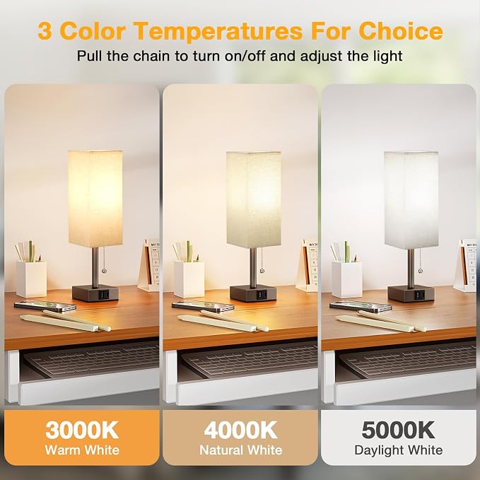 Brown Bedside Table Lamp for Bedroom - Desk Lamp For Nightstand, USB C+A | Pull Chain Lamp, 3 Color Modes(3000K/4000K/5000K), E26 LED Bulb Included, Square Brown Fabric Lampshade, for Read, Work, Dorm