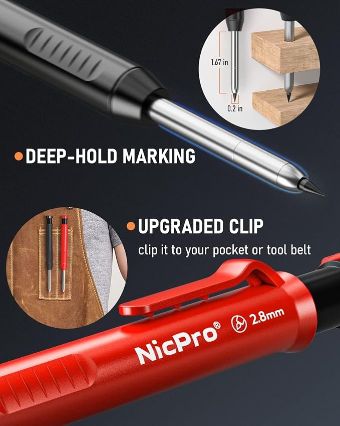 Nicpro 6 Pack Carpenter Pencil with Sharpener, Mechanical Carpenter Pencils | 48 Refills, Deep Hole Marker Construction Pencil, Heavy Duty Woodworking -With Case (Black,Red,Yellow,Blue,Green,White)