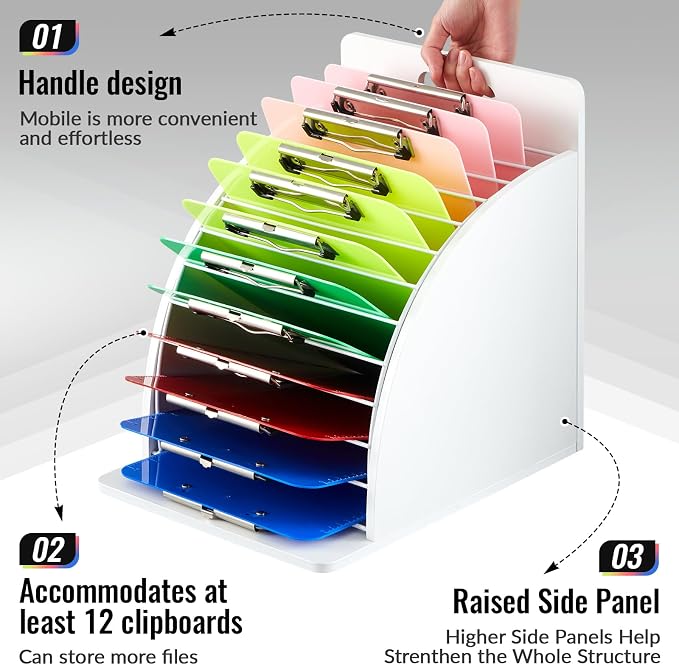 Wonderjune 1 Pack Clipboard Holder Wooden Metal Clipboards Storage Rack with Raised Side Panel, Back to School Supply for Classroom Office School Teacher, Clip Boards Not Included(White)