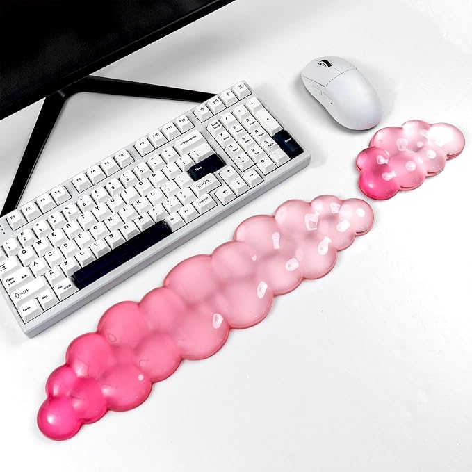 Ergonomic Cloud Silicone Gel Keyboard and Mouse Wrist Rest Set – Clear Wrist Rest for Computer Keyboard 60%/68%/75%, Comfort & Support for Typing and Gaming (White Pink)