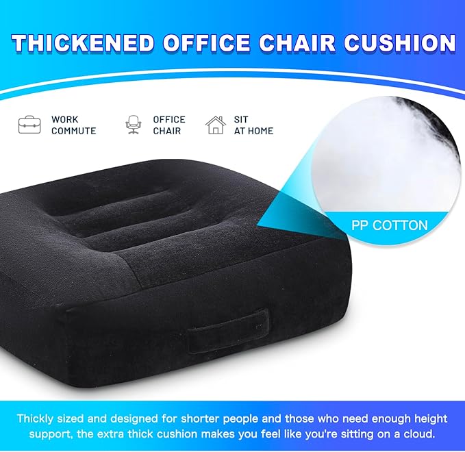 Extra Thick Seat Cushion, Large Chair Cushion Booster for Office Chair to Rise Height, Velvet Cover with Handle and Anti-Slip Bottom, PP Cotton Filling - Relieves Back Pain - 18"X16"X6" Black