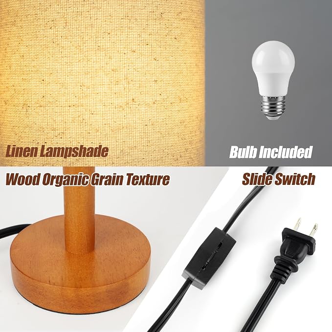 LALISU Small Table Lamp Nightstand Lamp Linen Lampshade Bedroom Wood Base Small Bedside Lamp for Night Stands, Desk Lamps for Reading Living Room, Office (LED Bulb Included) (Rosewood)