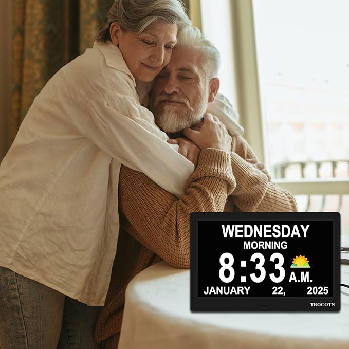 TROCOTN Dementia Clocks, Large Display Calendar Alarm Clock with Auto DST for Seniors, 5 Display Modes Large Font Digital Clock with Custom Alarms Day Date Clocks. (10 Inch Black)