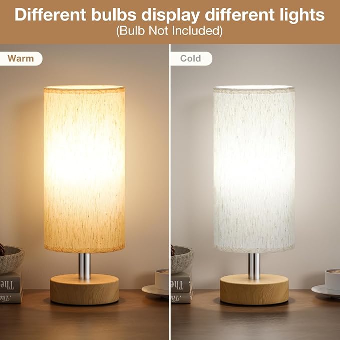 Table Lamps Set of 2 （Cream Shade - Wood Base, 11.6" Inline Control） | Bulb not Included | Small Lamps for Bedroom | Desk Lamp for Reading | for Living Room | for Dorm | Linen Shade