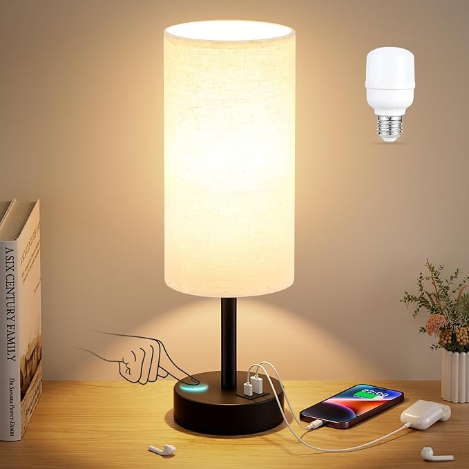 Dicoool Bedside Table Lamp for Bedroom - 3-Way Dimmable Touch Lamp, USB A+C | LED Bulb Included, 14" Small Nightstand Lamp for Desk, Living Room, Guest Room, Beige Fabric Lampshade, Black Metal Base
