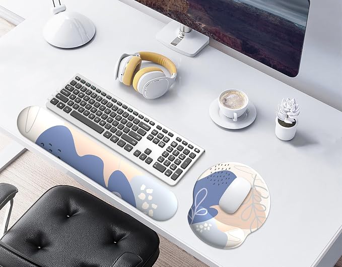 Mouse Pad Wrist Support, Ergonomic Memory Foam Keyboard Wrist Pad & Gel Wrist Rest Set for Computer Keyboard for Easy Typing & Pain Relief for Office & Home (Leafy Lushness Set)