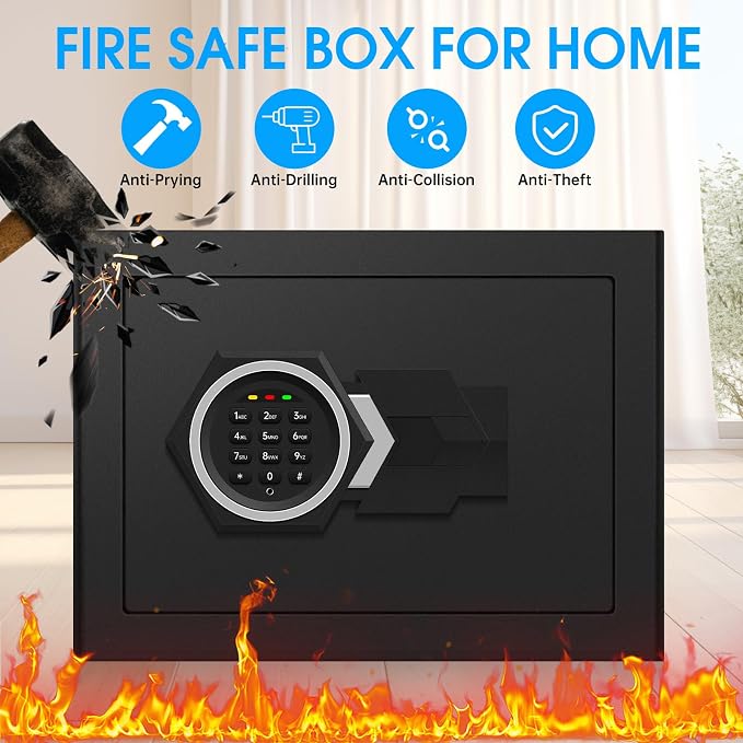 1.2 Cubic Feet Small Fire Safe Box for Home, Fireproof Lock Box, Security Money Safe with Digital Keypad, Spare Keys and Removable Shelf, Personal Home Safes for Money, Jewelry, ID Documents