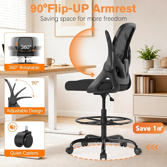 ORRSAKER Drafting Chair, Tall Office Chair with Flip-up Arms, Mesh Ergonomic Computer Standing Desk Chair with Adjustable Height Foot Ring and Lumbar Support, 300 LBS Capacity, Black