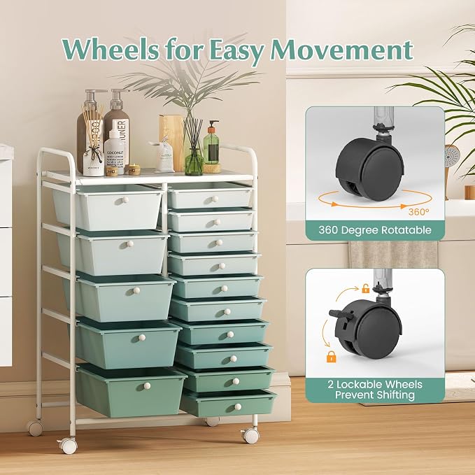 COSTWAY 15 Drawer Rolling Storage Cart, Mobile Storage Organizer | Removable Drawers & Metal Frame, Multipurpose Utility Tools Paper Organizer on Wheels for Home, Office (Green Gradient)