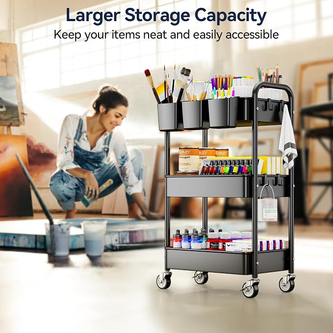 3 Tier Rolling Cart, Heavy Duty Metal Utility Cart with Wheel Black | Sturdy Rolling Storage Cart With Hooks & Hanging Cups, Great For Craft, Art Workspace, Kitchen ,Snack And Office Storage