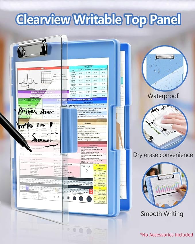 Clearview Clipboard with 2 Storage, Dry Erase 8.5x11 Heavy Duty ClipBoards - High Capacity Coaches Clip Board with Pen Holder - Side Opening Plastic Nursing Clip Case - Aqua Blue