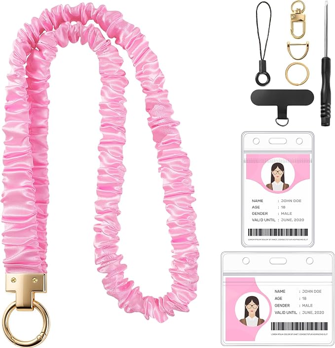 Prudiut Scrunchie Lanyard for Id Badges, Retractable Teacher Lanyards Cute Stretchy Scrunchie Lanyard with Id Holder for Women (Pink)