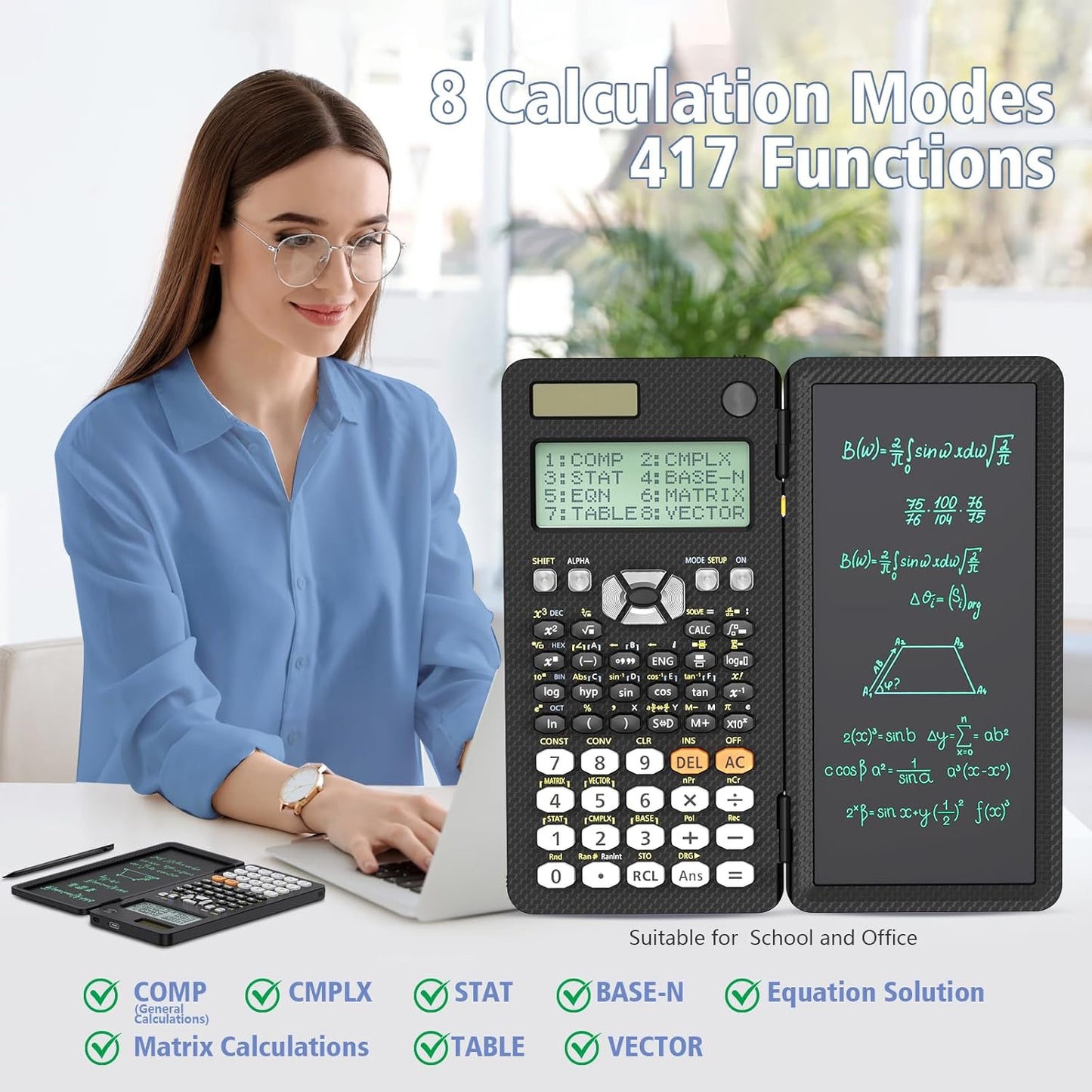 Rechargeable ROATEE 991ES MAX Scientific Calculators, CalcNote Multiview 4-Line Display with LCD Writing Tablet Notepad, Foldable Portable for Business High School College Students and Teacher(Black)