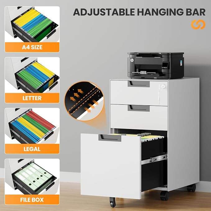 3 Drawer File Cabinet with Lock, Fully Assembled Metal Mobile Filing Cabinets for Home Office, Small Rolling File Caninet on Wheels for Legal/Letter / A4 File, White