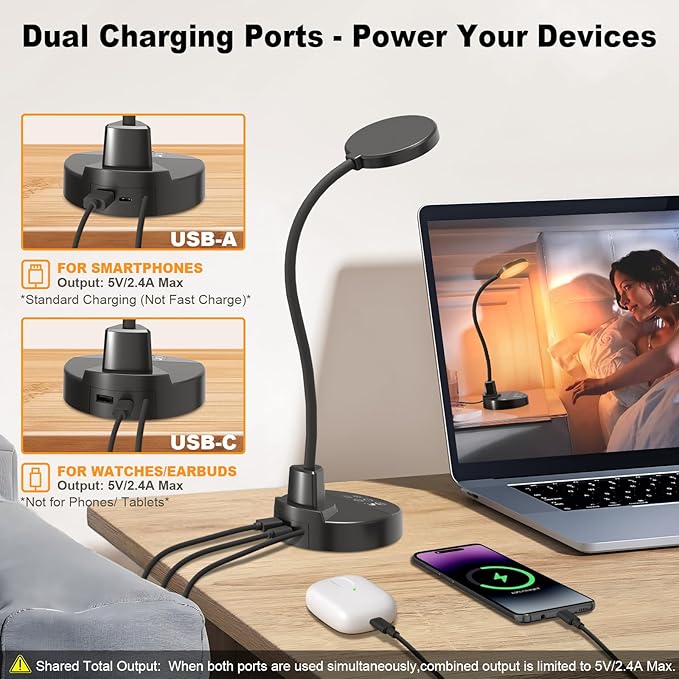 15W LED Desk Lamp with USB Charging Ports, [Button & Remote Control] Dimmable Table Lamp with 3 Color Modes, 5 Brightness Levels, 4 Timers, Flexible Reading Light for Home Office, Bedroom, Kids Study