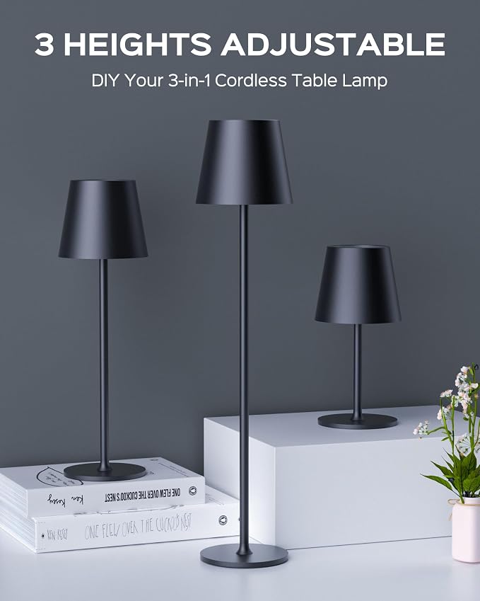 JACKYLED Cordless Table Lamps Rechargeable, 3 Adjustable Height, 5000 Capacity Operated, 3 Colors Smooth Dimming, Portable LED Waterproof Table Lamp for Dining, Bedroom, Outdoor- Black