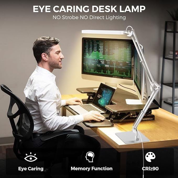 LED Desk Lamp with Slim Base - Adjustable Swing Arm Desk Light, Dimmable, Timer, Eye Protection, Memory Function, 1300LM, 12W, White