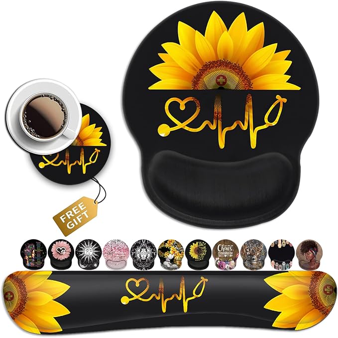 Ergonomic Wrist Protection Mouse Pad Wrist Guard and Keyboard Wrist Rest, Non-Slip Rubber Base Mouse Pad Sunflower and ECG Stethoscope Pattern, Personalized Fashionable Black Office Accessories
