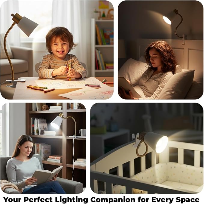 Desk lamp Eye-Caring Table Lamps, 360°Rotation Gooseneck Clip on Lamp Reading Light, Portable Reading Book Light, Clamp Light, Study Desk Lamps for Bedroom and Office Home Lighting (Black and White)