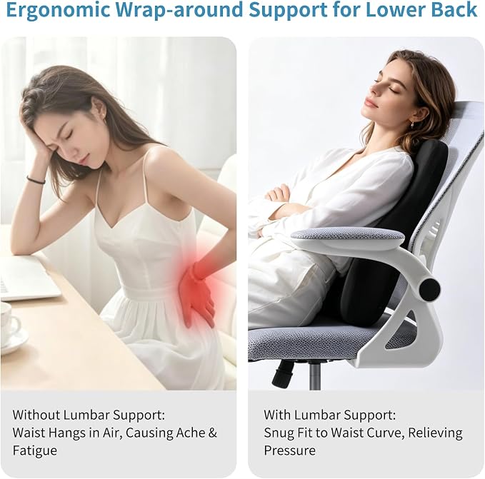 Lumbar Support Pillow, Memory Foam Back Support for Office Chair | Ergonomic memory foam lumbar support helps improve posture, reduce back pressure, and fits most office chairs and car seats.